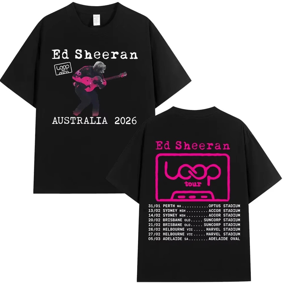 Ed Sheeran Loop Tour Australia 2026 Tour merchandise T-shirt, unisex style for fans.