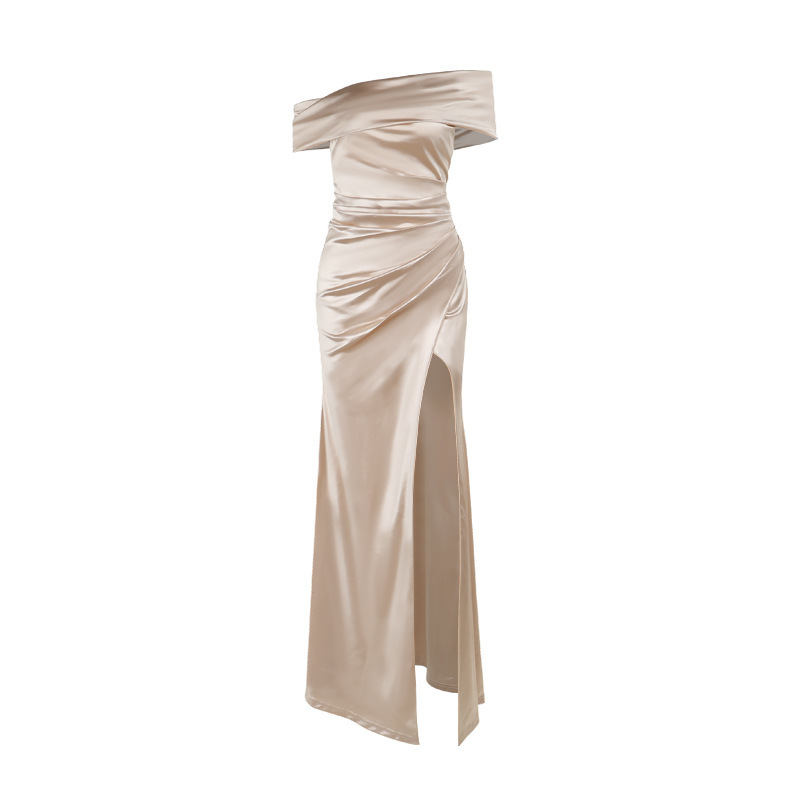 YJ24467 Mercerized One Shoulder Dress Slit Dress Women Celebrity Style Temperament Women's Sexy Slit Long Dress - Image 6