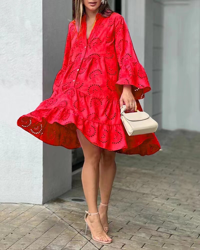Spot 2023 European and American cross-border spring and summer Amazon solid color V-neck loose embroidery hollow lace dress - Image 5