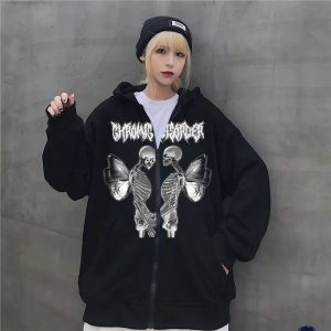 New spot skull wings hooded zipper sweater women's Korean version plus velvet thickened loose sports cardigan sweater women