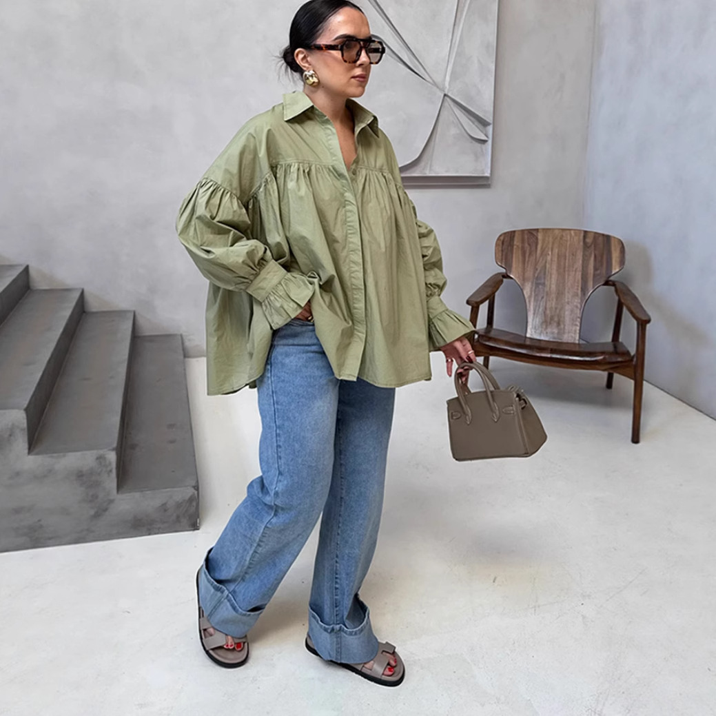 European and American style cross-border foreign trade women's clothing 2025 fashion poplin two-color drop shoulder lantern long sleeve loose single-breasted shirt - Image 2