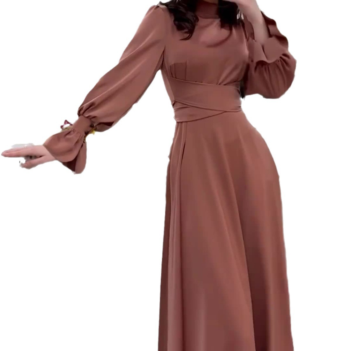 European and American Amazon cross-border foreign trade 2023 autumn satin long-sleeved elegant women's waist dress - Image 2