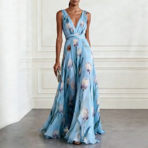 2026 New Tulip Print Evening Gown for Women, Sleeveless V-Neck Long Dress, from a European and American Cross-Border Independent Website