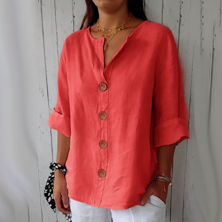 Amazon 2025 Cross-border European and American Summer New Style Foreign Trade Loose-fitting V-neck Cotton Linen Button T-shirt Top - Image 8