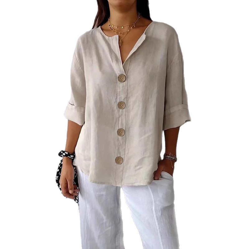 Amazon 2025 Cross-border European and American Summer New Style Foreign Trade Loose-fitting V-neck Cotton Linen Button T-shirt Top - Image 5