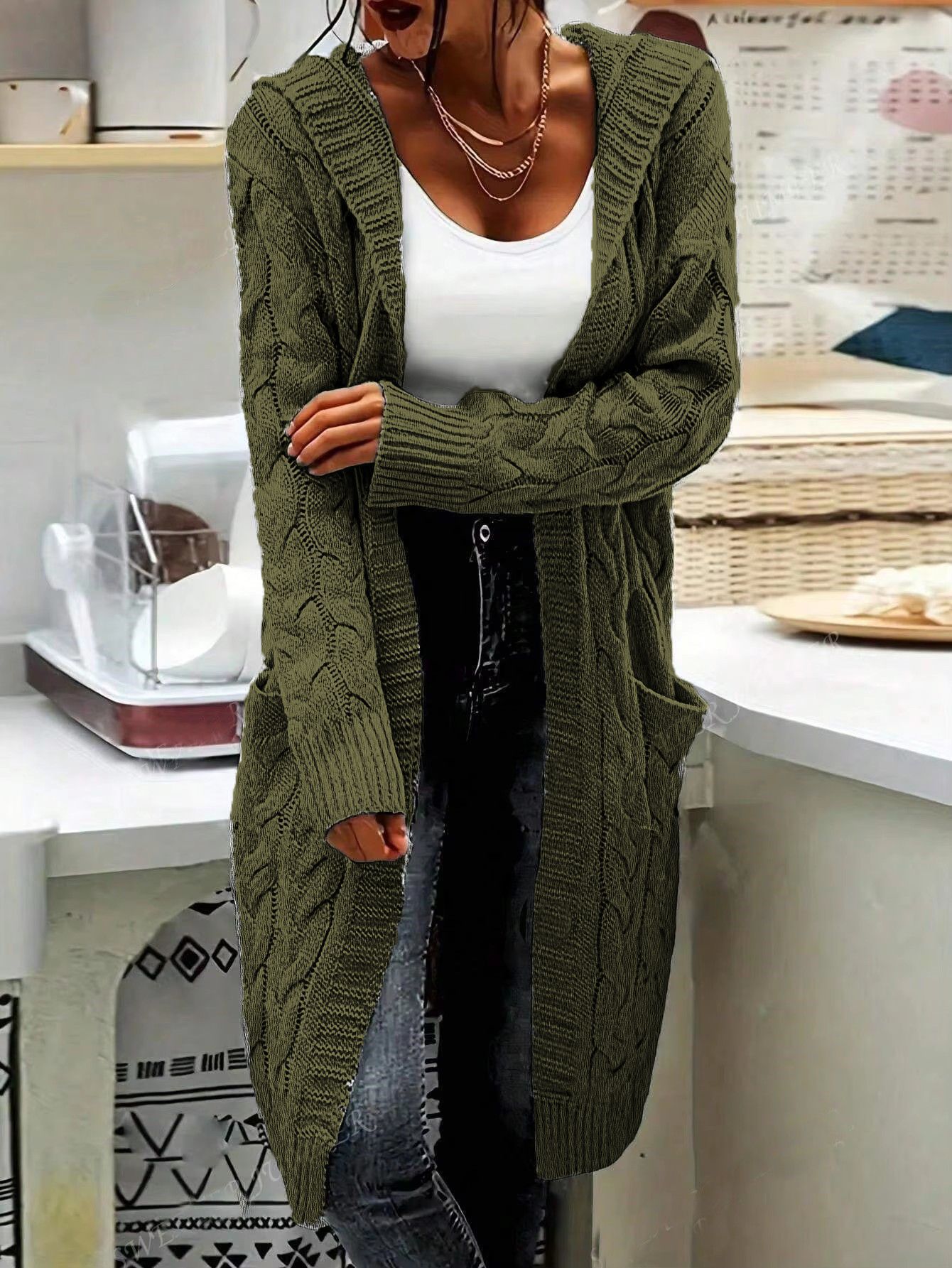 New cross-border e-commerce product, European and American foreign trade, Amazon, solid color loose knitted cardigan, chunky cable knit mid-length sweater coat for women. - Image 18
