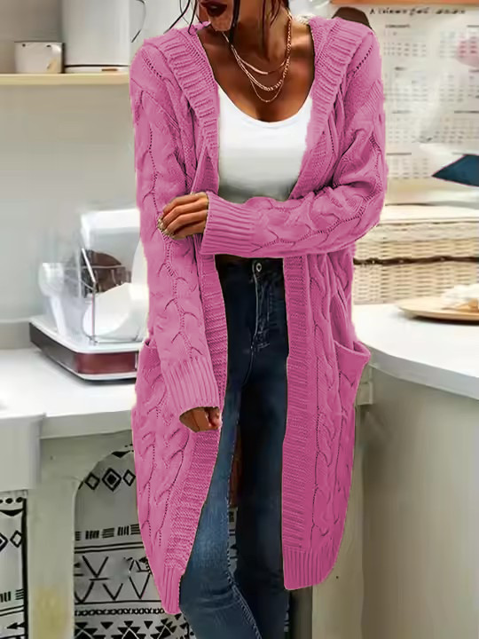 New cross-border e-commerce product, European and American foreign trade, Amazon, solid color loose knitted cardigan, chunky cable knit mid-length sweater coat for women. - Image 14
