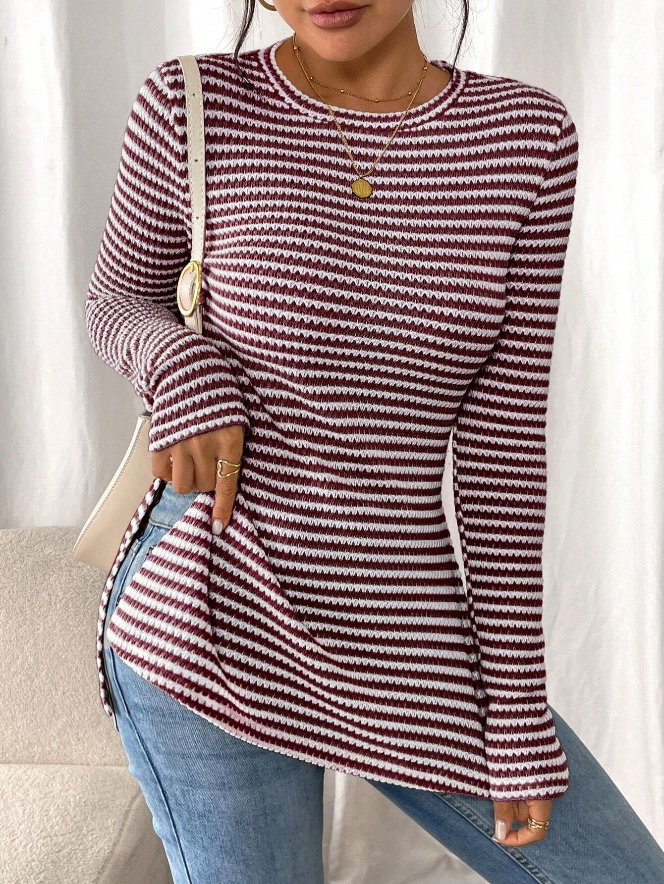 New European and American cross-border foreign trade women's round neck casual striped base layer top with side slit sexy T-shirt, slimming - Image 8