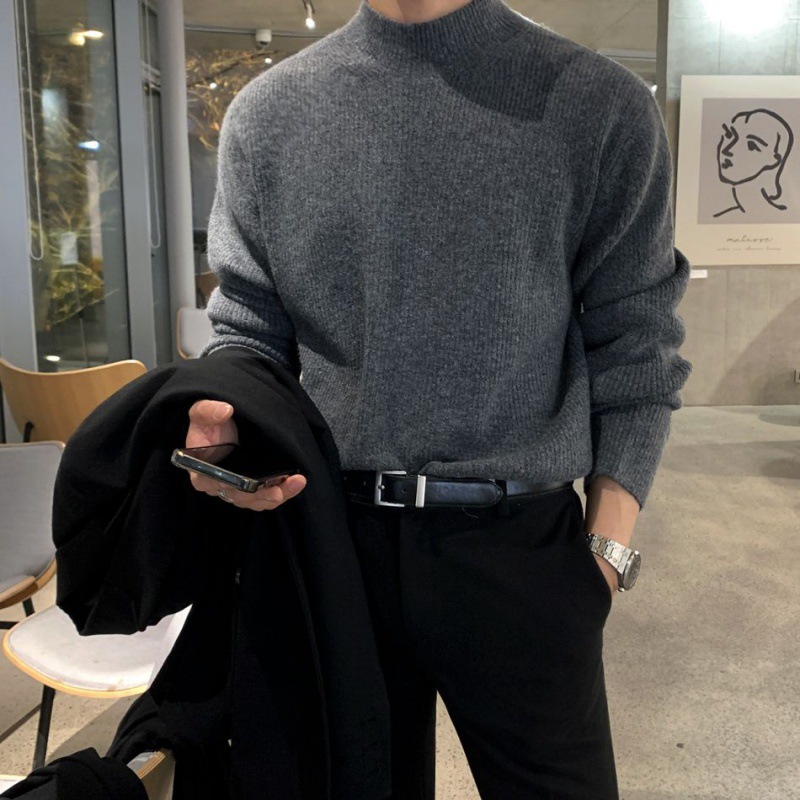 autumn and winter half turtleneck sweater for men, Korean style trendy solid color sweater, mid-collar bottoming shirt, warm inner wear - Image 4