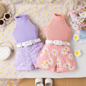 Foreign trade cross-border European and American new summer girls suits for small and medium-sized children solid color halter neck tops printed shorts belt