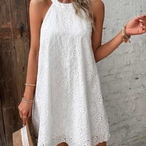 2023 Europe and America Cross Border Foreign Trade Summer New Women's Lace Solid Color Sleeveless Button Halter Amazon Dress