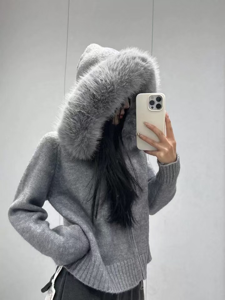 Cross-border Korean retro autumn and winter knitted cardigan women's loose casual versatile long-sleeved fur collar hooded sweater jacket women - Image 8