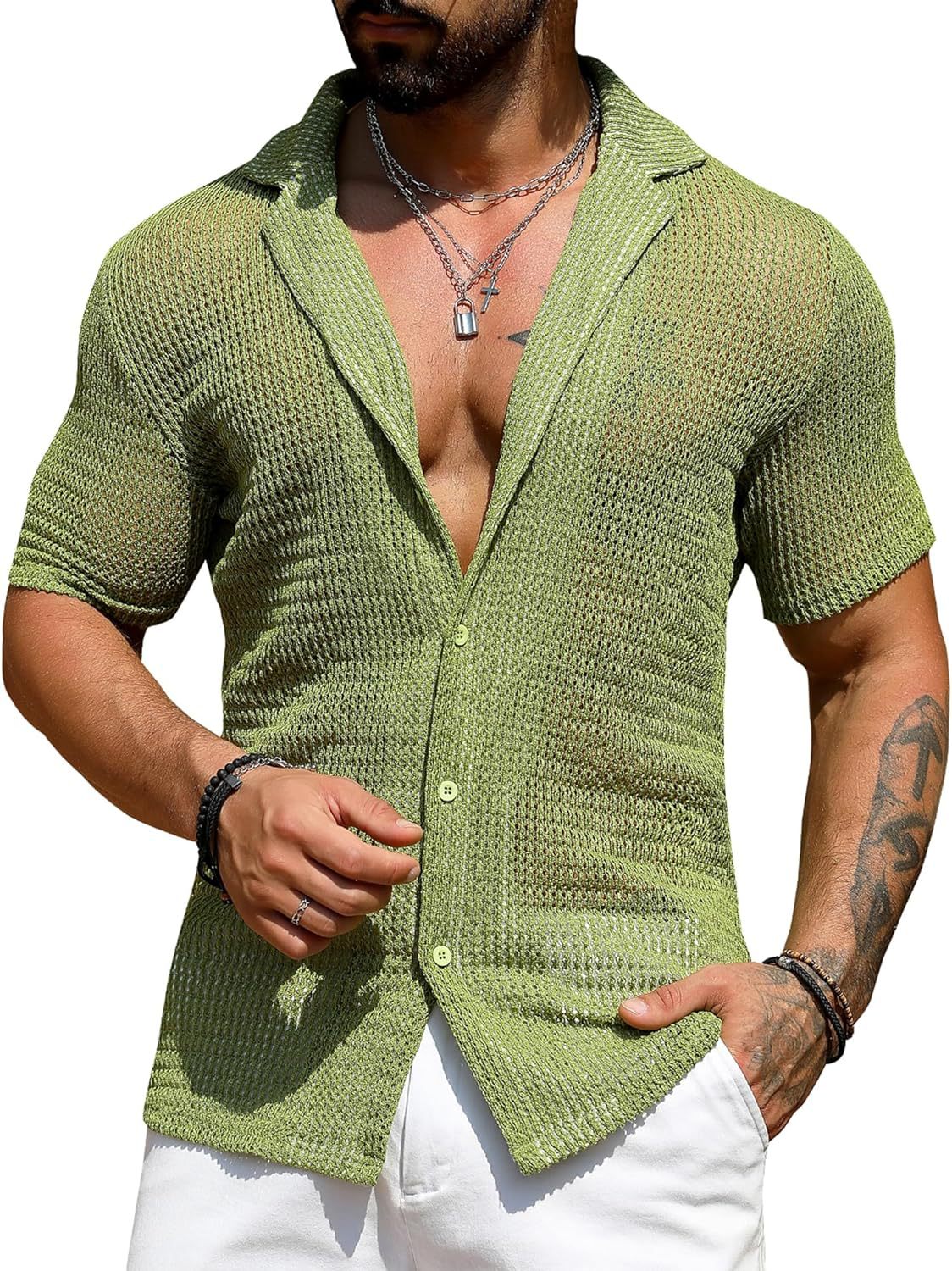 European and American men's casual shirts summer fashion cool breathable men's cardigan solid color short-sleeved tops knitted men's shirts - Image 11
