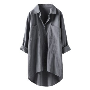 Japanese and Korean new women's casual style solid color shirt autumn cotton linen cardigan double pocket long-sleeved top