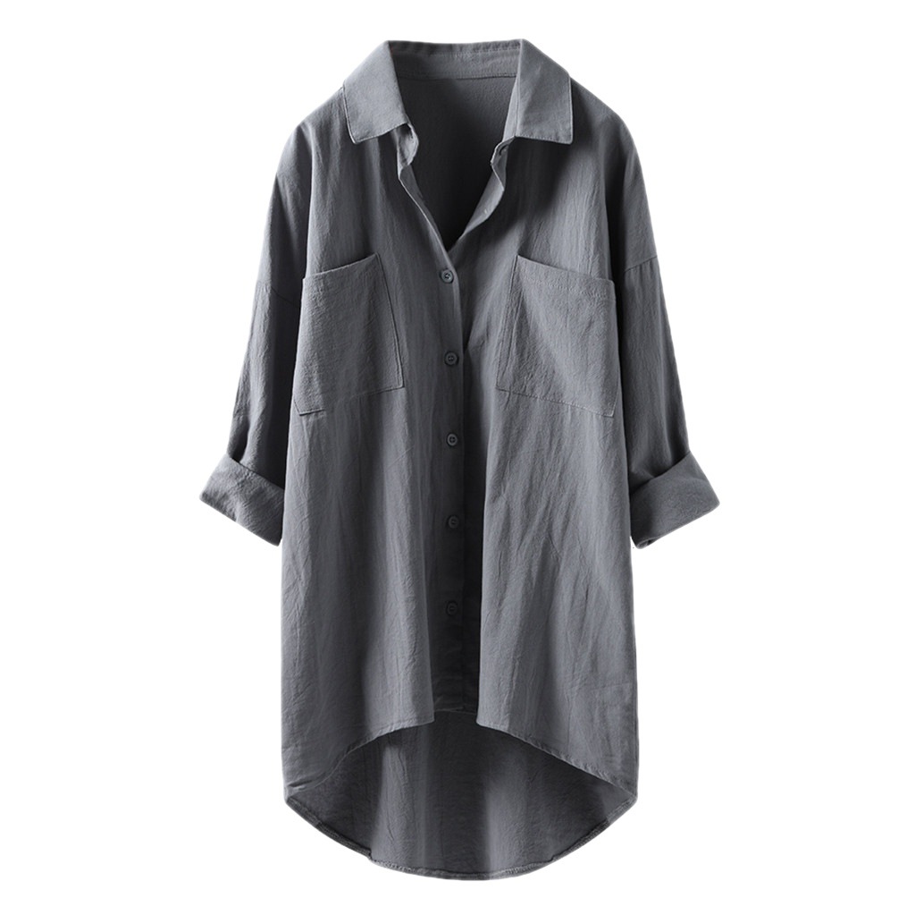 Japanese and Korean new women's casual style solid color shirt autumn cotton linen cardigan double pocket long-sleeved top
