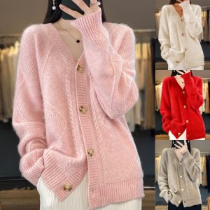 2026 Spring Cross-Border US Size Autumn/Winter New Solid Color Long Sleeve V-Neck Knitted Cardigan, Button-Up Sweater, Women's Outerwear