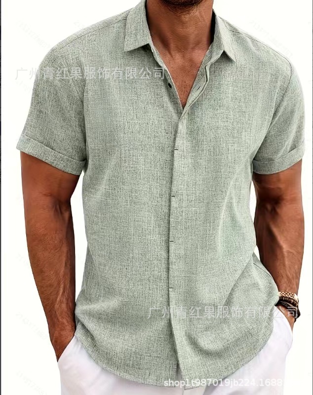 Men's linen short-sleeved T-shirt loose sweatshirt solid color short-sleeved cotton and linen shirt men's beach large size men's short-sleeved shirt - Image 9
