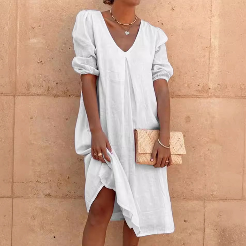 2024 Amazon Wish Cotton Linen Solid Color Mid-Length Sleeve Casual Mid-Length Dress, Elegant Commuter Style, Full Swing - Image 4