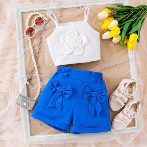Foreign trade European and American summer girls suits for small and medium-sized children solid color flower suspenders bow shorts two-piece suits new products