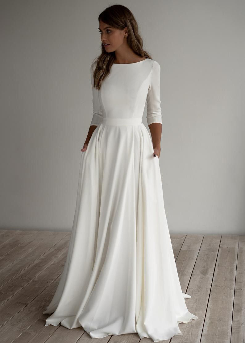 2025 New Simple Long-Sleeved Bridal Travel Photography Long Light Wedding Dress White Round Neck Long Dress Popular Multi-Color Dress - Image 10
