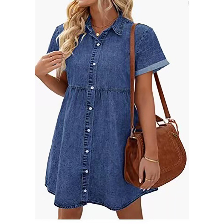 2022 Cross-Border Foreign Trade Amazon European and American Washed Denim Lapel Loose Sweet Lotus Leaf Dress Short Skirt New - Image 5