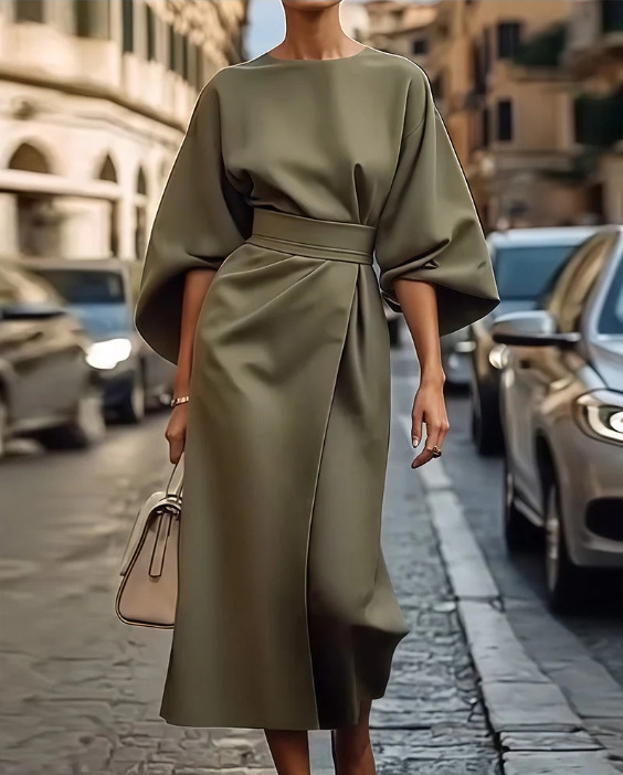 2025 Foreign Trade Women's Clothing, European and American Cross-border Fashion, Elegant Solid Color Waist-cinching Dress, Casual Batwing Sleeve Long Skirt - Image 8