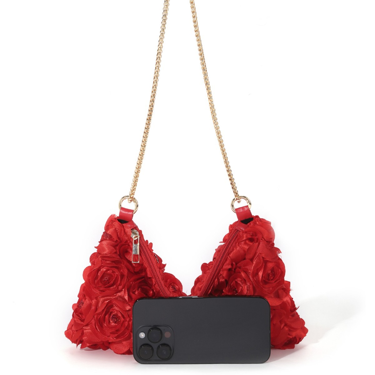 Spot European and American cross-border niche three-dimensional rose flower sequin satin chain zipper underarm crescent female evening bag - Image 3