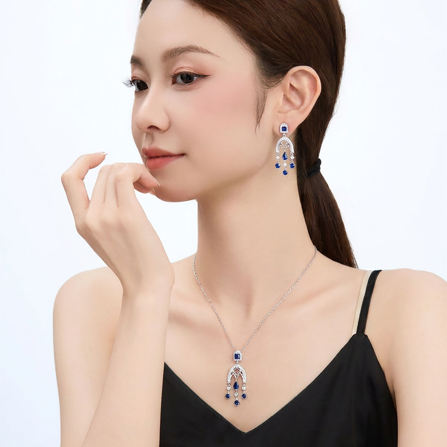 Xuping Gemstone Series Niche Earring and Necklace Set: Fashionable, Light Luxury, Teardrop Tassel, Elegant Court Style Earrings for Women - Image 2