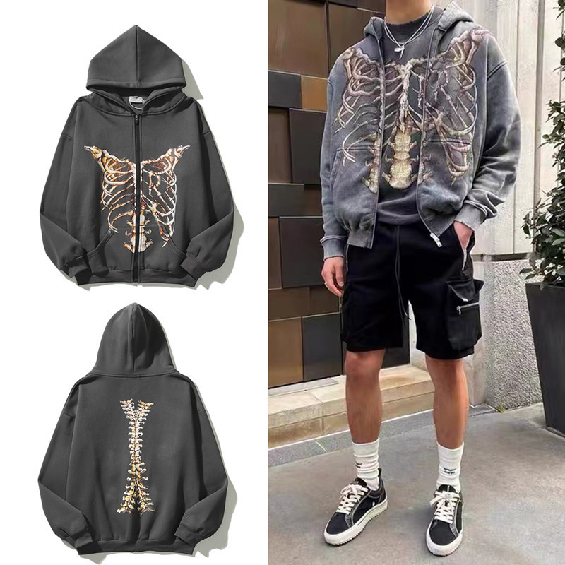 2022 European and American High Street Hip Hop Retro Skeleton Destroyed Printed Cardigan Jacket Couple Style Plus Velvet Loose Hoodie - Image 6