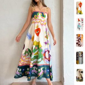 2026 Spring New European and American Style Women's Dress: Elegant High-Waisted Printed Spaghetti Strap Casual Fashion Dress