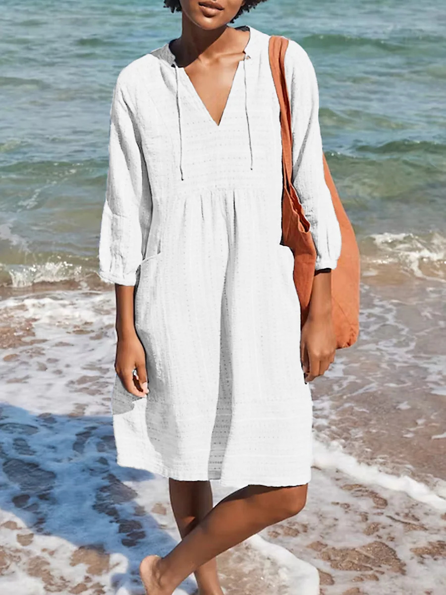 2023 Spring European and American New Jacquard Cotton and Linen Dress Amazon Hot Item V-neck Casual Loose Pocket Dress - Image 7