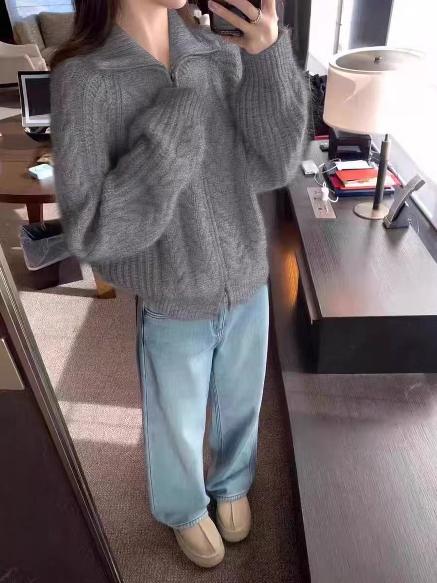 Autumn/Winter Zipper Cardigan Knit Thick Twisted Knit Loose Stand Collar Sweater 100% Wool Cardigan Coat - Image 7