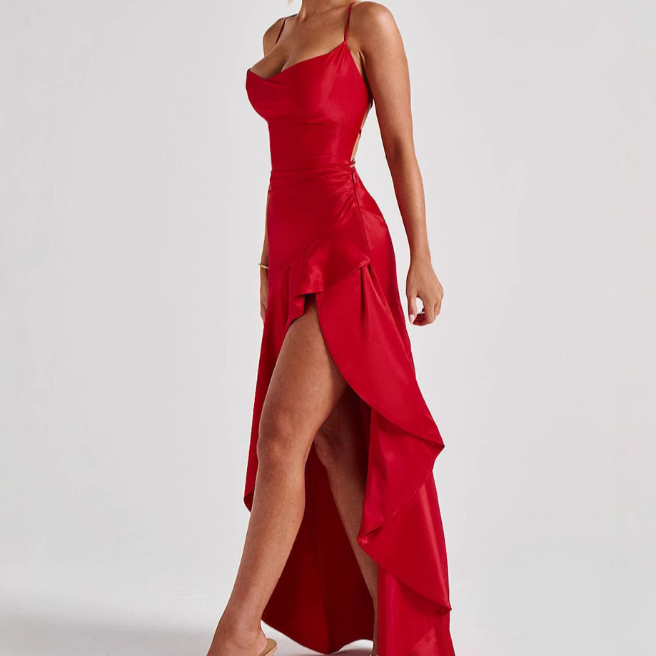 2025 European and American Cross-Border Foreign Trade Summer Hot Selling Sexy Women's Suspender Backless Ruffle Irregular Dress - Image 2