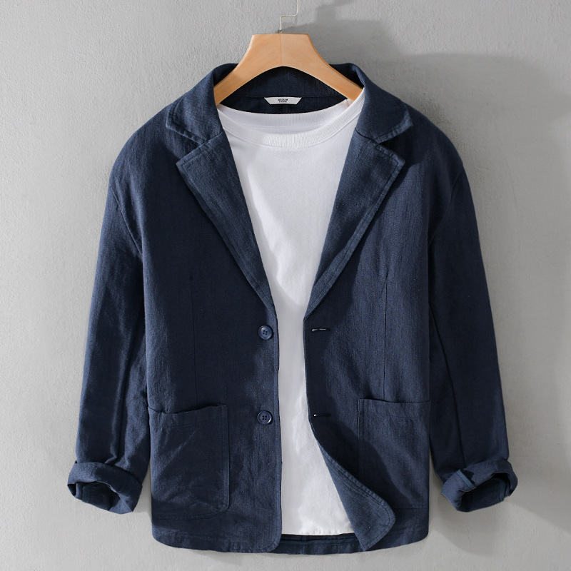 Spring and autumn men's striped short-sleeved casual suit linen loose youth handsome popular simple suit Y803 - Image 3