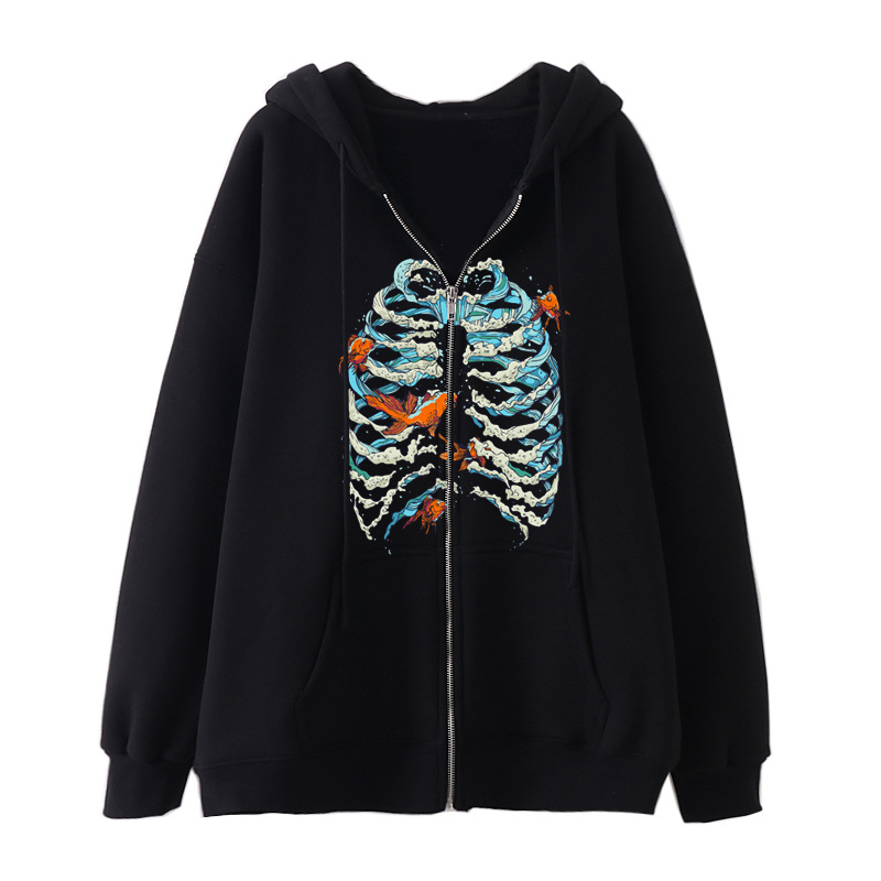 New arrival Skull Wings Hooded Zipper Sweatshirt Women Korean Style Plus Velvet Thickened Loose Sports Cardigan Sweatshirt Women - Image 23
