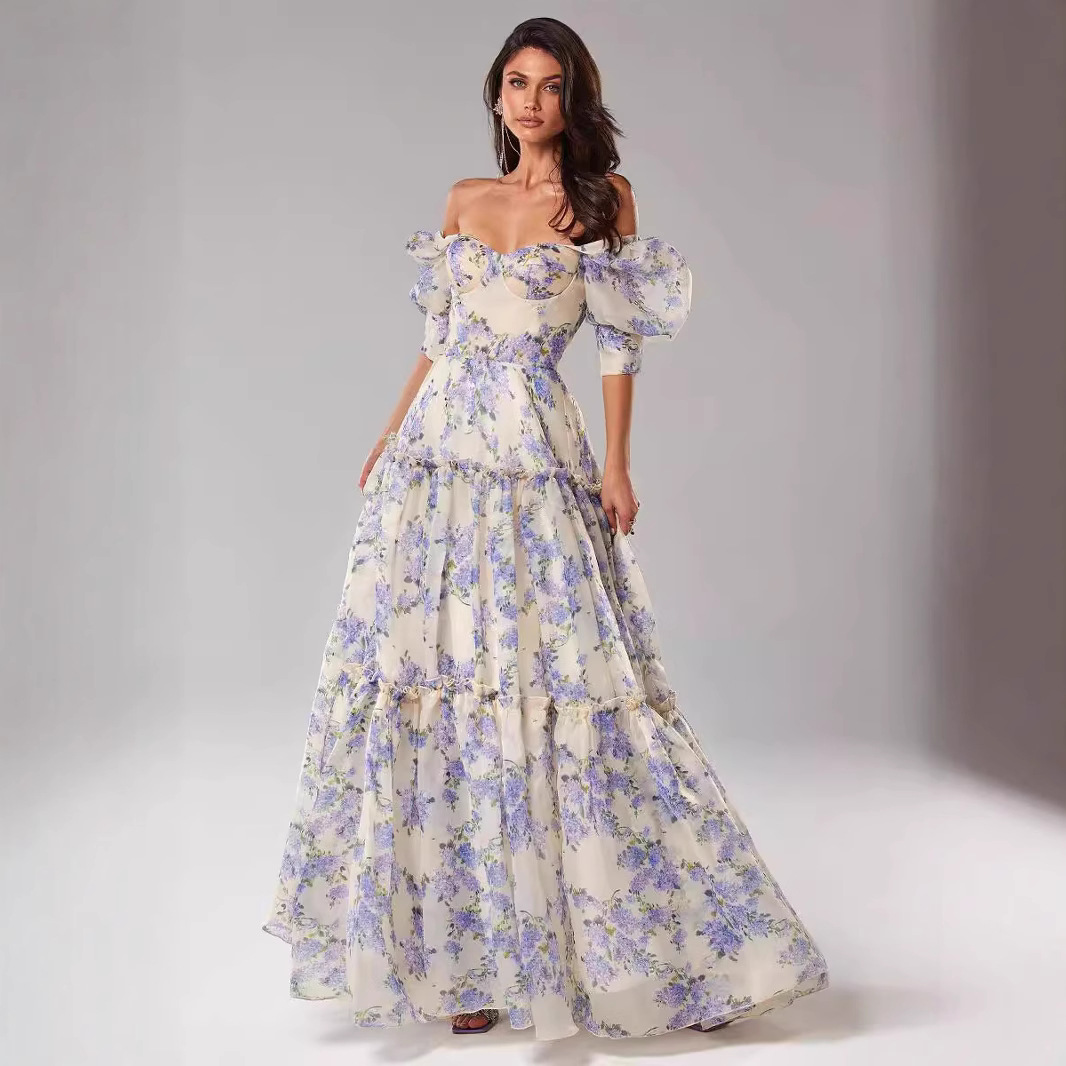 New European and American cross-border style off-shoulder European and American women's fashion organza fairy long elegant evening dress - Image 2