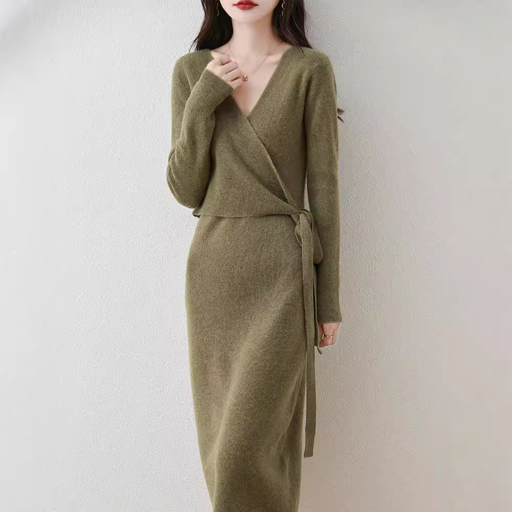 2024 Autumn/Winter New Light Luxury Pure Wool Dress Cross Neck Waist Tie-Waist Long Dress Slimming Knit Dress - Image 6