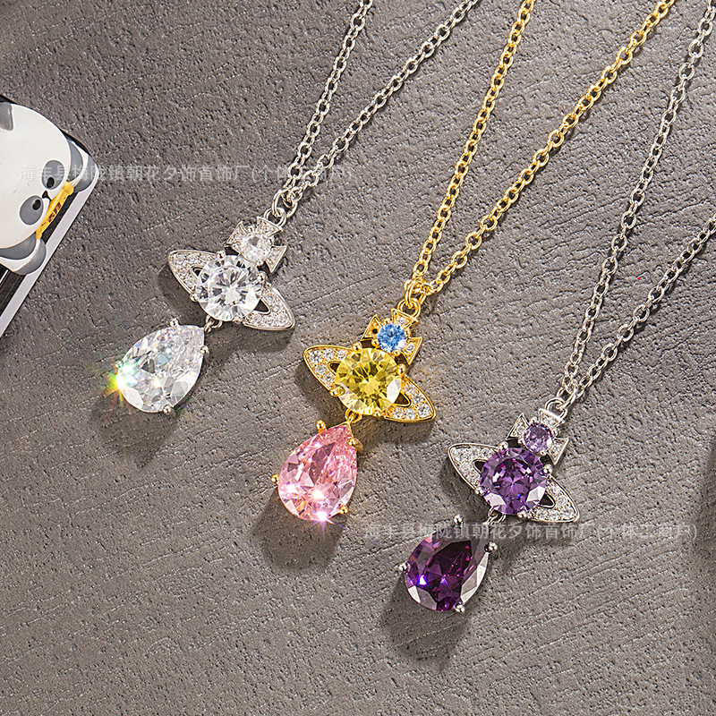 High-quality, thick gold-plated, Xijia Empress Dowager Saturn element mermaid tears multi-colored diamond teardrop long necklace for women. - Image 4