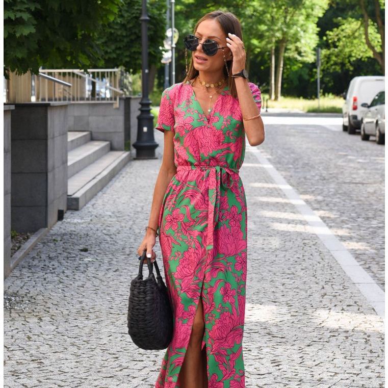 2023 European and American women's cross-border foreign trade AliExpress Amazon summer new v-neck print tie dress - Image 3