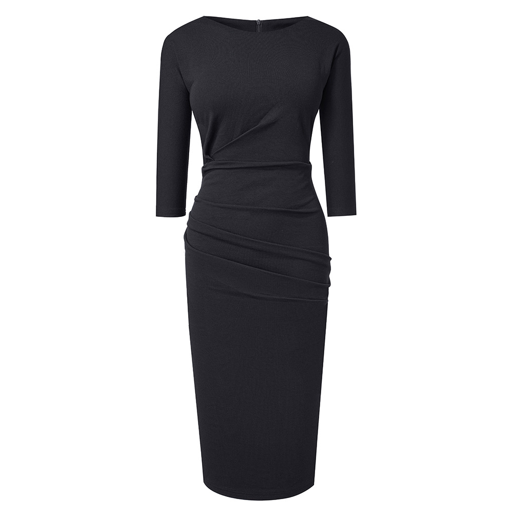 Amazon 2023 cross-border European and American autumn and winter new elegant women's pleated mid-waist round neck wrap hip professional dress - Image 4