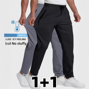 Men's Flat-Leg Quick-Drying Pants, Summer Nylon Ice Silk Long Pants, Thin, Breathable, Plus Size, Casual, Elastic Long Pants