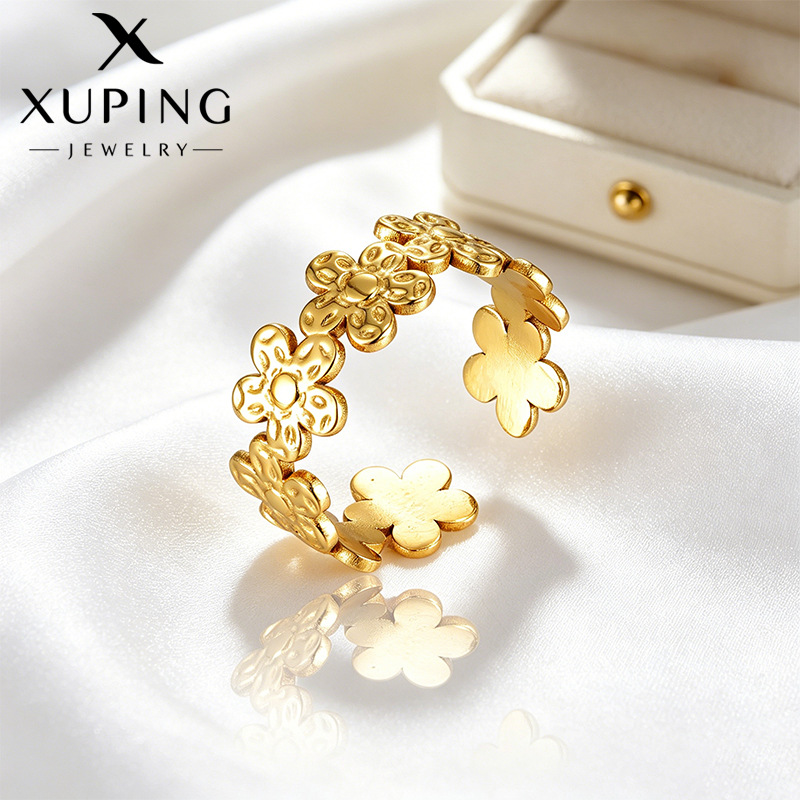 Xuping Luxury Imitation Gold Flower Open Ring, 24k Stainless Steel, Niche Sweet and Cool Style, European and American Cross-border Ring