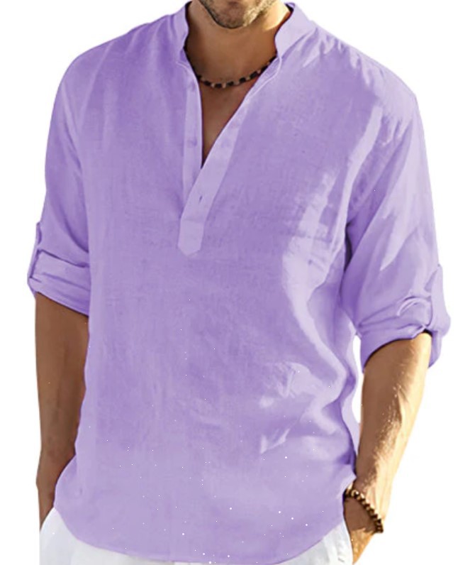 2023 Independent Station foreign trade men's casual cotton and linen solid color long-sleeved shirts loose stand-up collar shirts for men in stock - Image 10