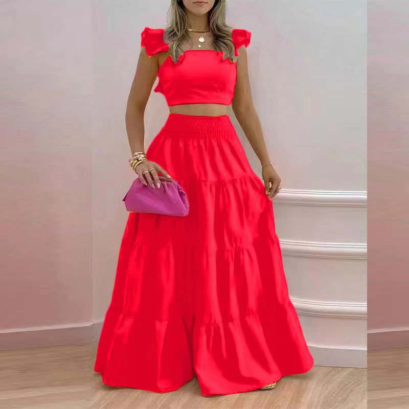 2023 summer European and American cross-border new temperament sexy solid color mid-waist suspenders two-piece suit dress - Image 5