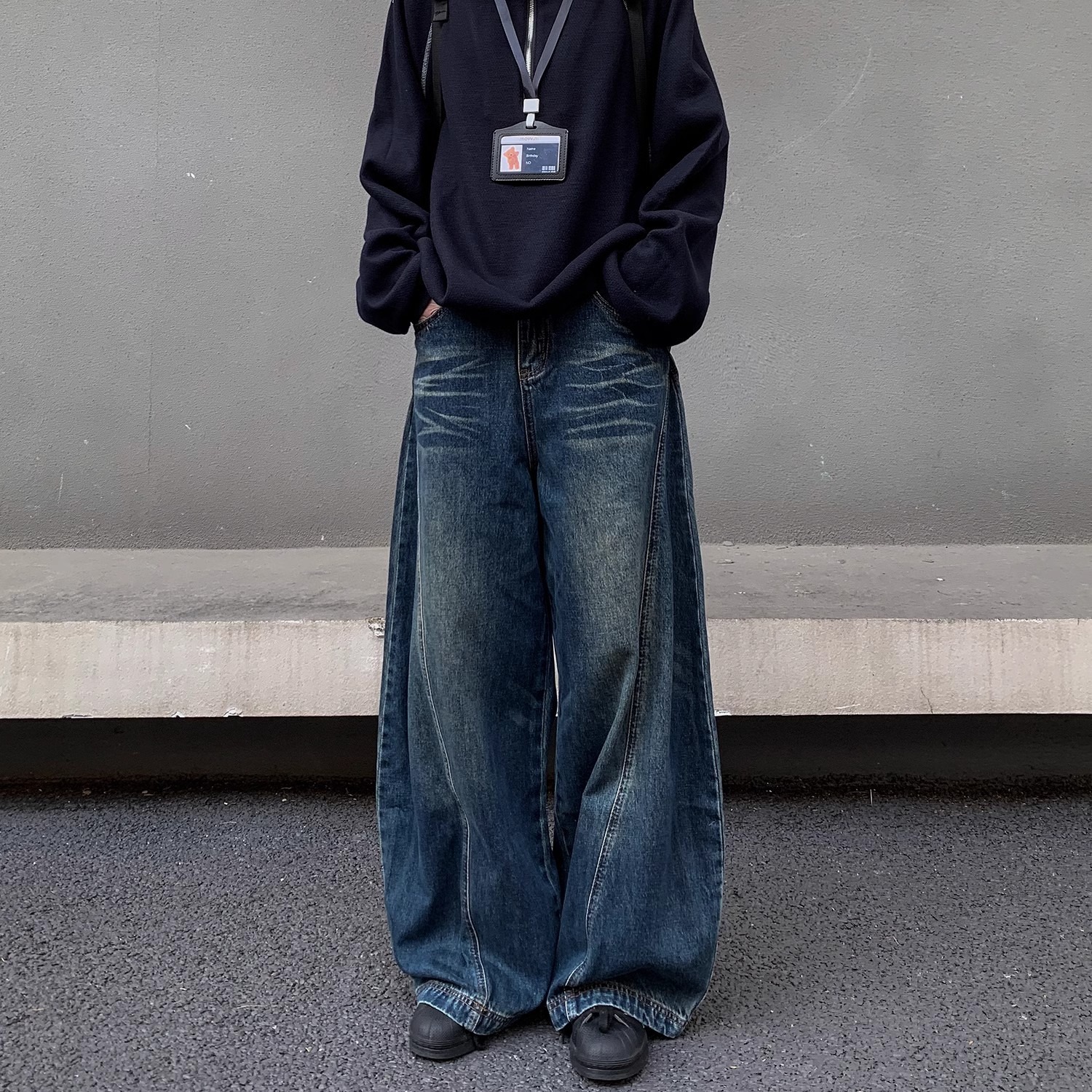 American retro washed cat whisker design black scimitar jeans for men and women wide-leg loose drape distressed pants - Image 6