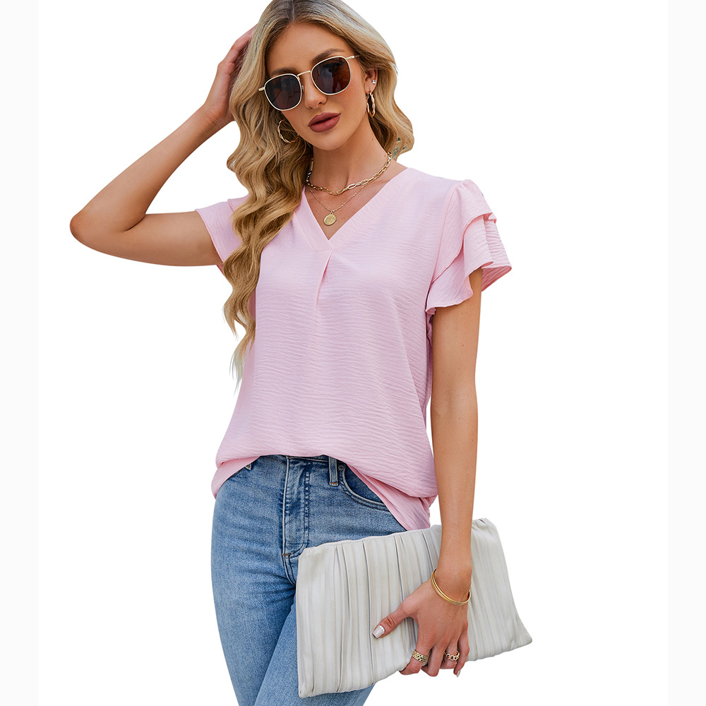 Cross-border European and American women's clothing, 2025 summer new style, Amazon women's V-neck chiffon ruffled blouse short-sleeved top. - Image 8