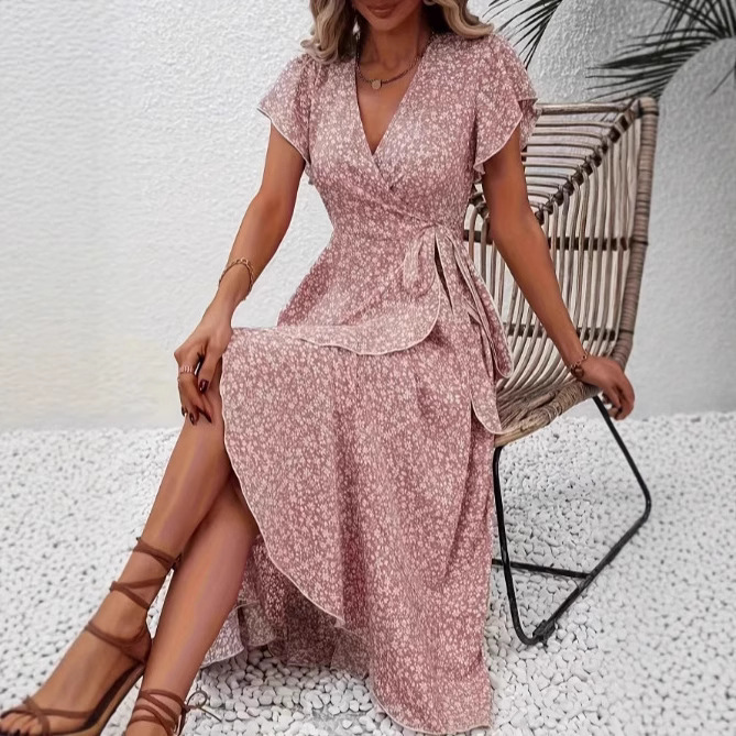Independent Amazon cross-border e-commerce platform, floral print V-neck cardigan with tie-up short sleeves, bohemian style, full skirt, vacation dress