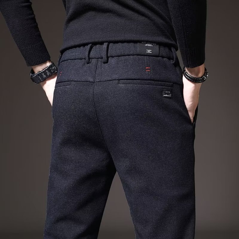 Men's casual trousers autumn and winter high-end business straight trousers men's slim elastic brushed woolen trousers casual trousers - Image 2