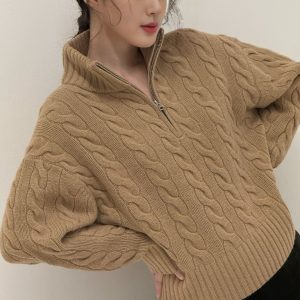 2025 Autumn/Winter New Style Ruffled Cable Knit Sweater with Horse Embroidery on the Chest, Stand Collar, Long Sleeve, Loose Fit for Women