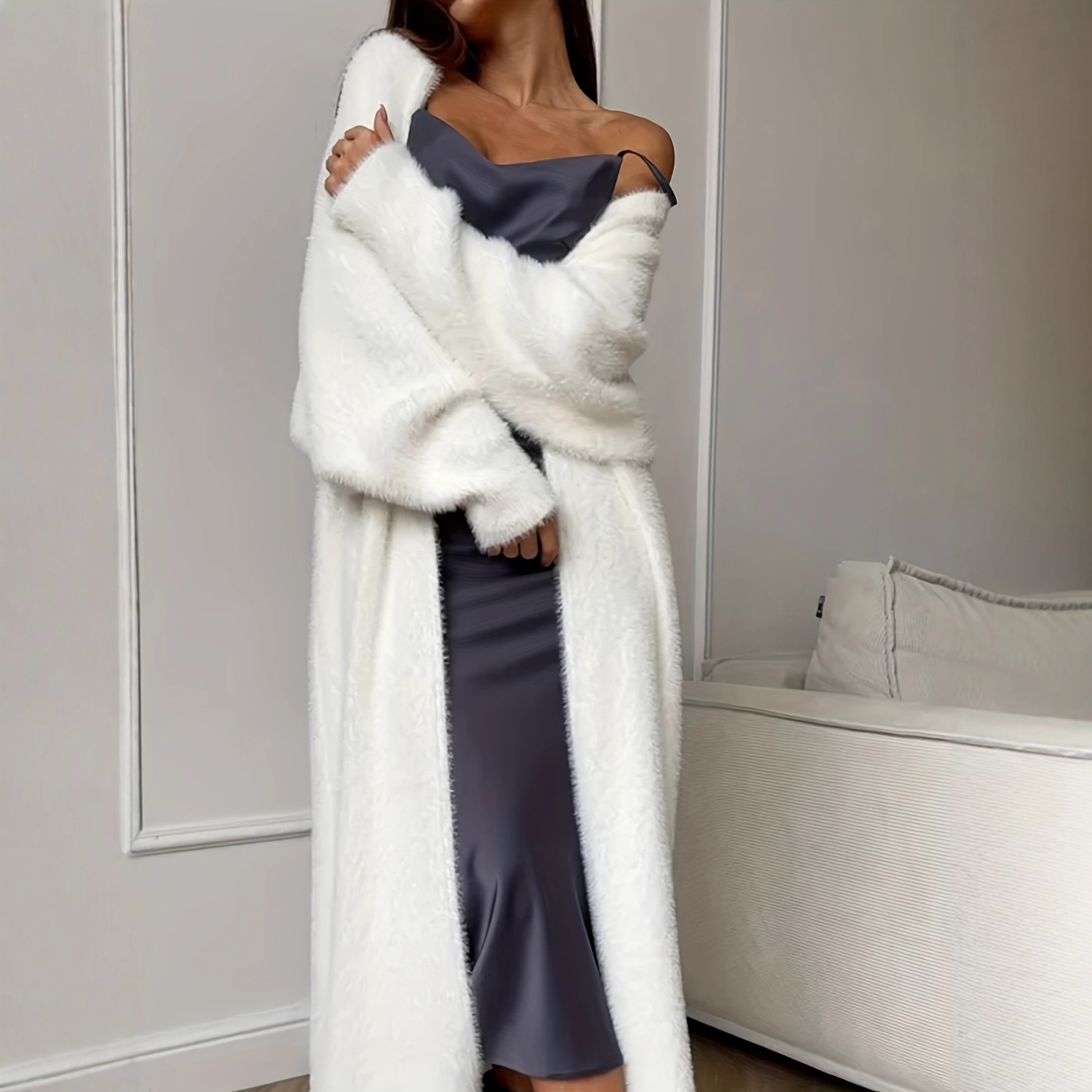 Cross-border faux mink white knitted cardigan coat for women, autumn and winter loose-fitting fluffy long cardigan